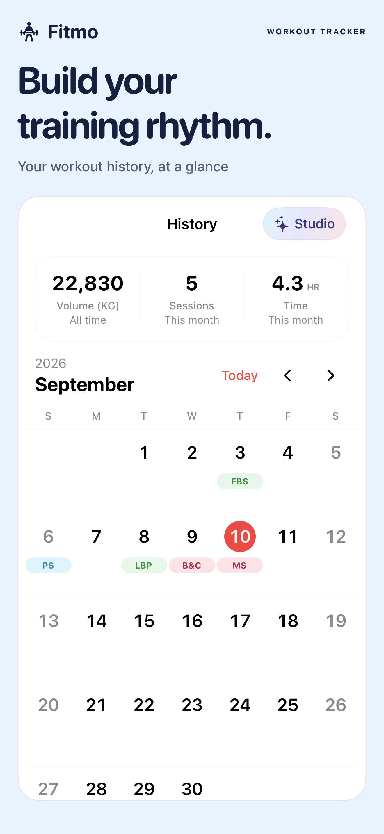 Fitmo workout calendar showing recent training sessions