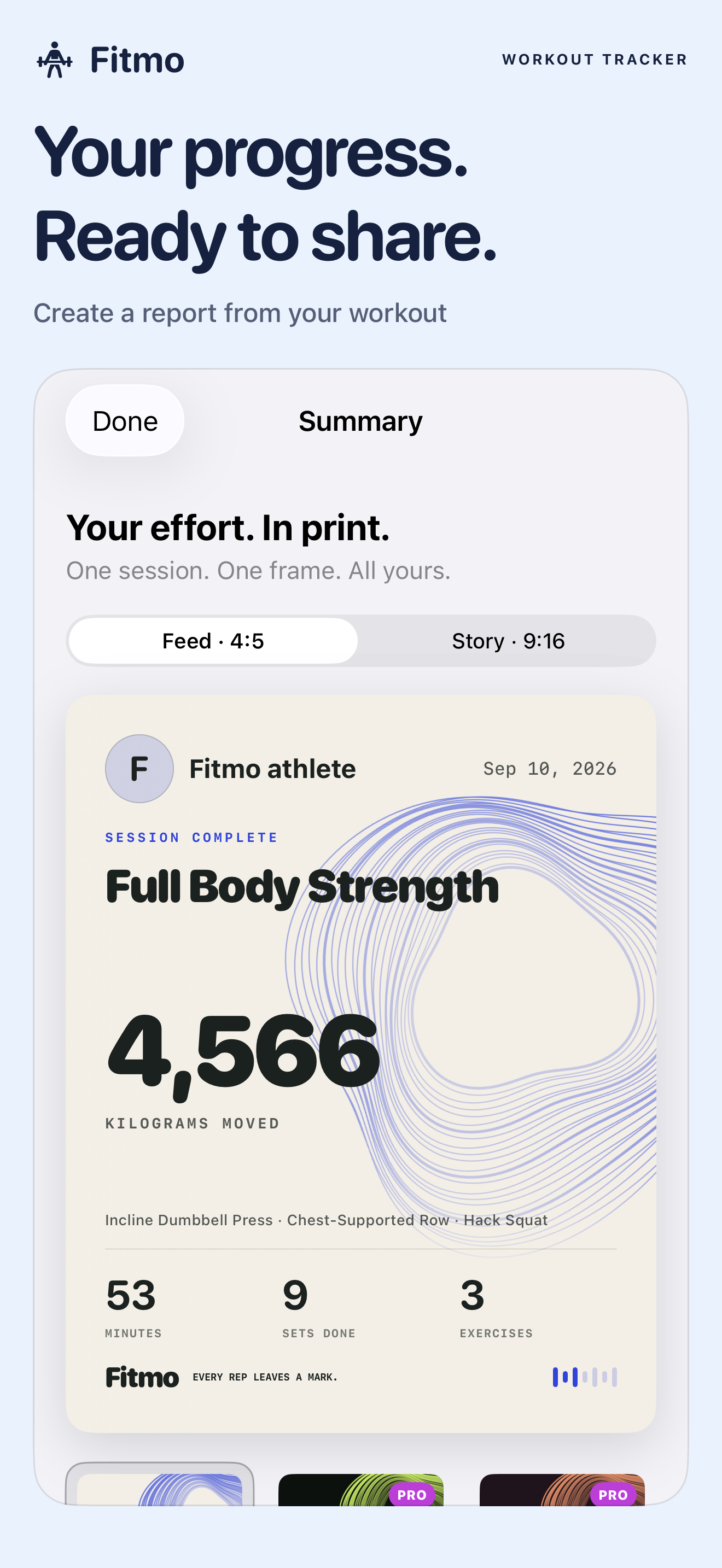 Fitmo workout report showing lifting volume, duration, completed sets, and exercises
