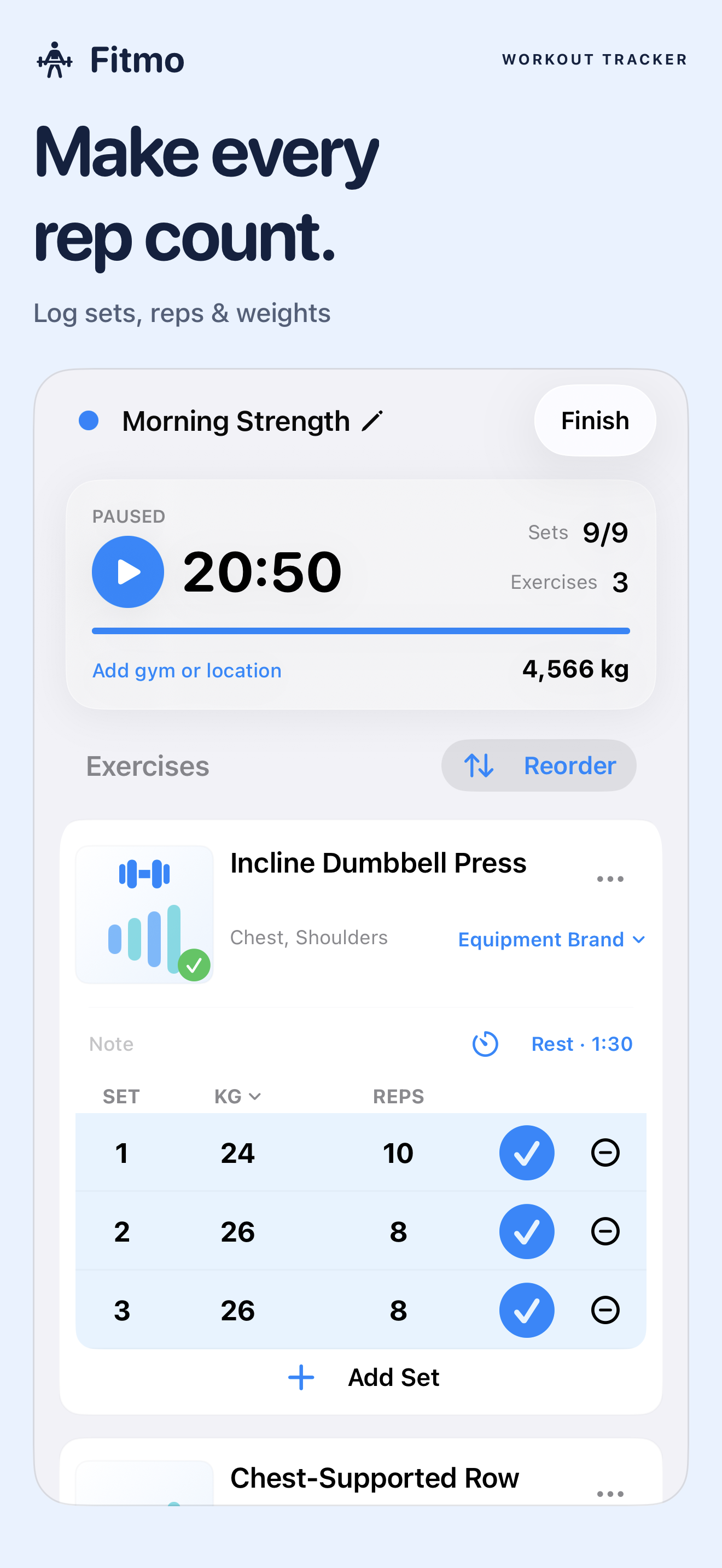 Fitmo workout screen showing exercise sets, repetitions, and weights